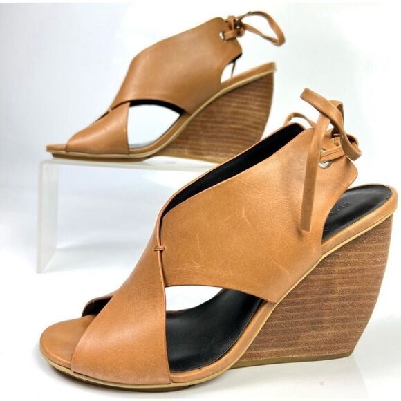 Rebecca Minkoff Wedge Sandals Sz 6 Brown Tan Eden Leather Criss Cross Detail - Picture 1 of 8